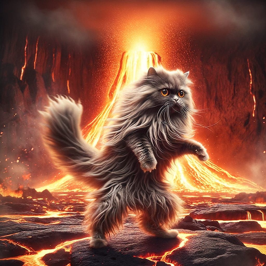 Heavy Metal Cat Dancing by a Volcano