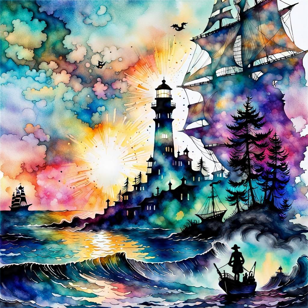 Watercolor Double Exposure: Lighthouse and Pirate Ship
