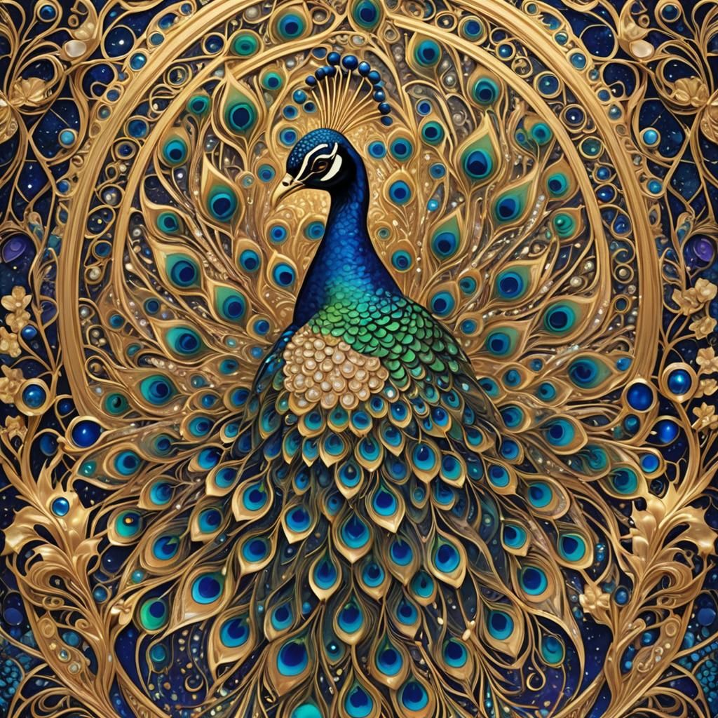 Hyperdetailed Peacock in Art Nouveau Blacklight Style
