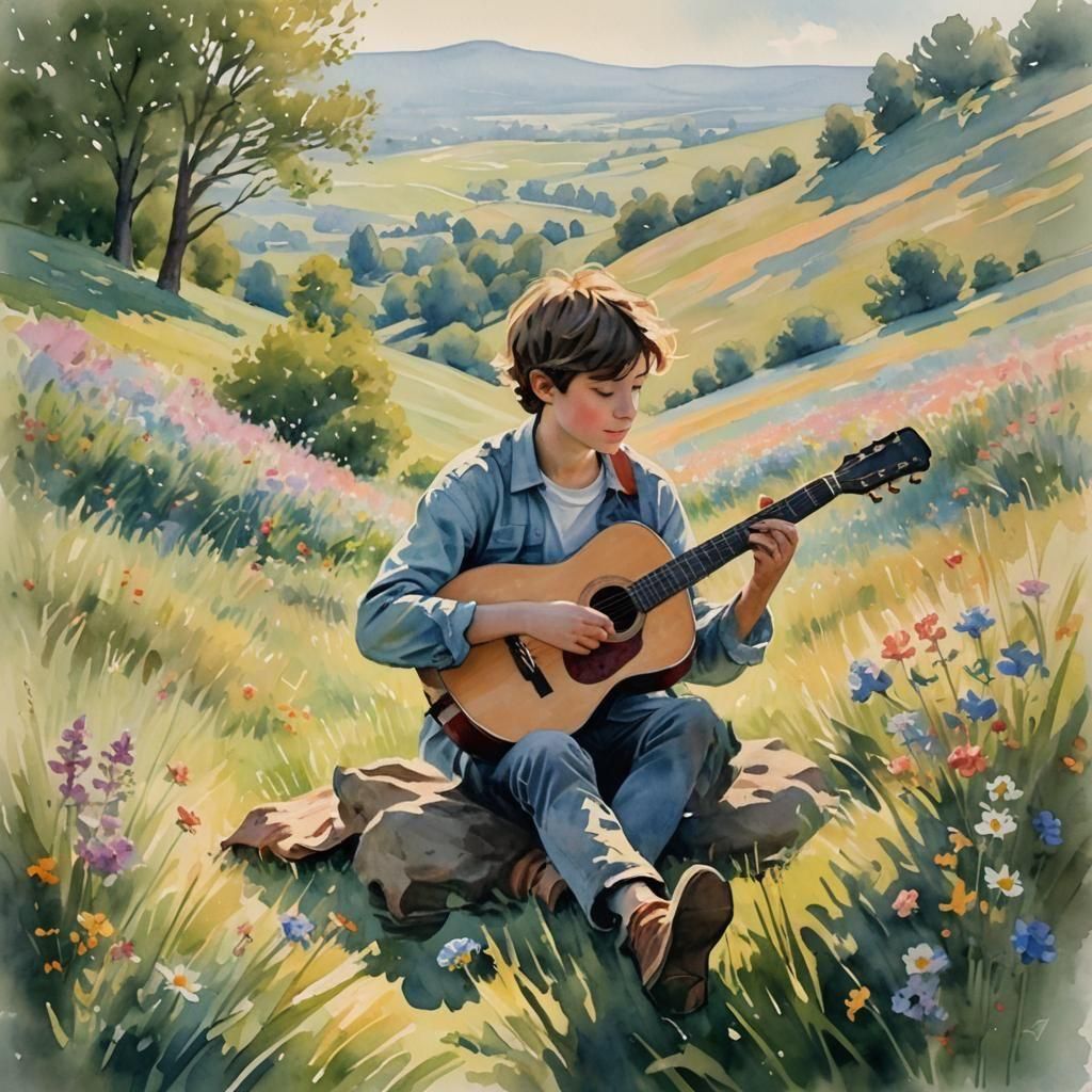 Boy with Guitar in Peaceful Nature Setting