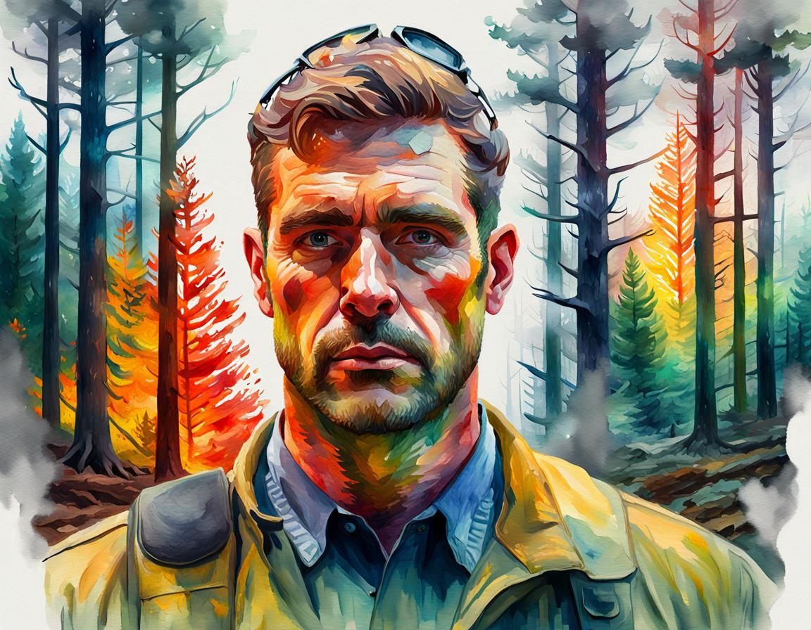 Forest Fireman Portrait in Expressionist Watercolor Style