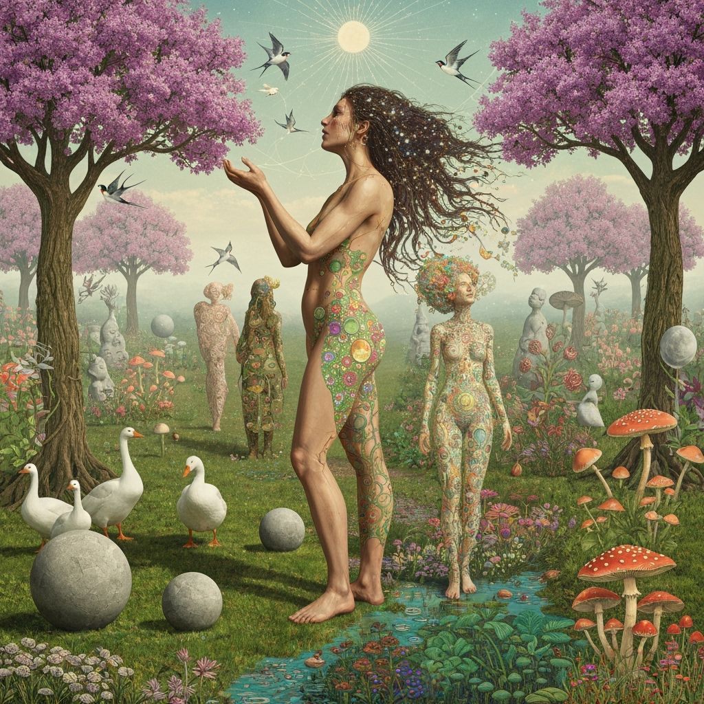 Cosmic Goddess of Life Amidst Surreal Garden Party