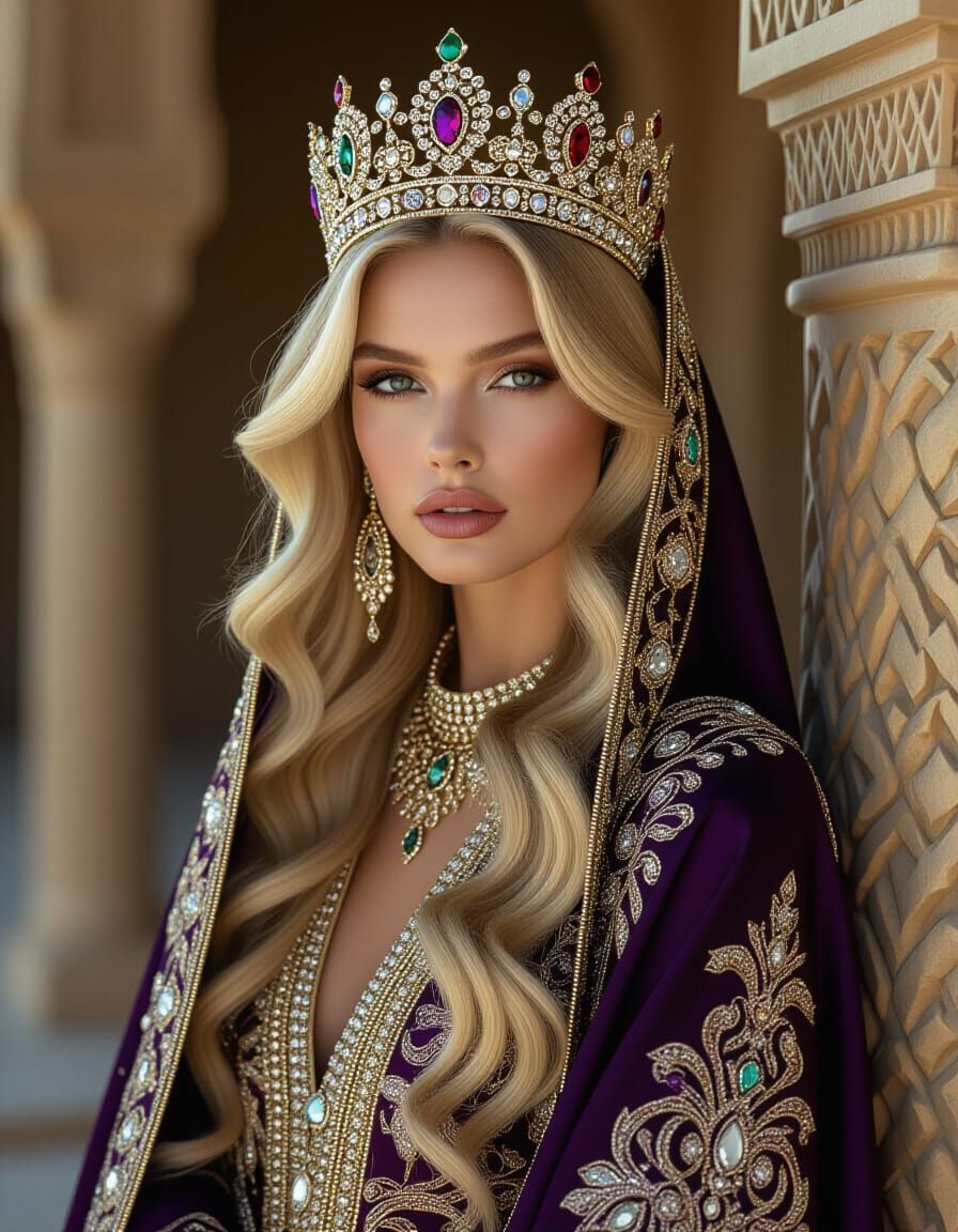 Majestic Blonde Model in Opulent Royal Fashion