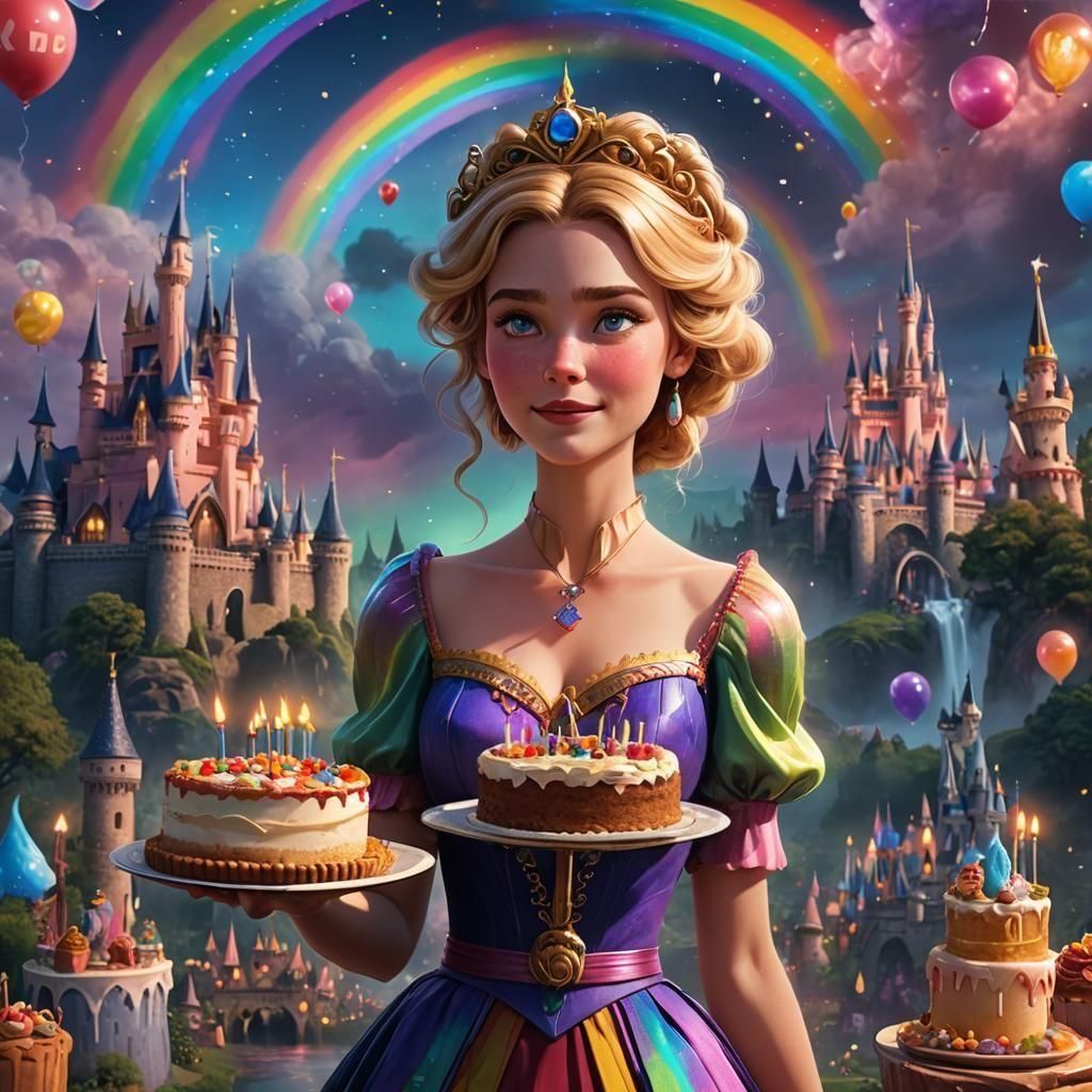 Disney Aurora with Birthday Cake and Rainbow