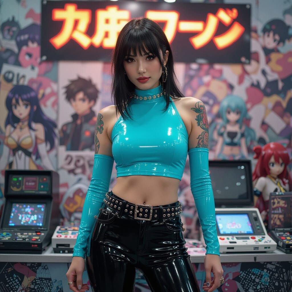 Cyan Latex Woman at Sci-Fi Convention, Manga Style