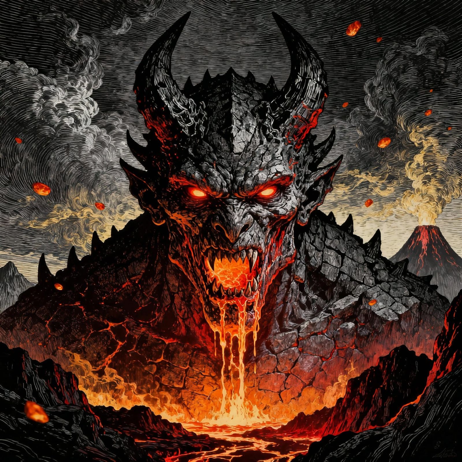 Terrifying Demon Face Emerging from Hell in Engraving Style