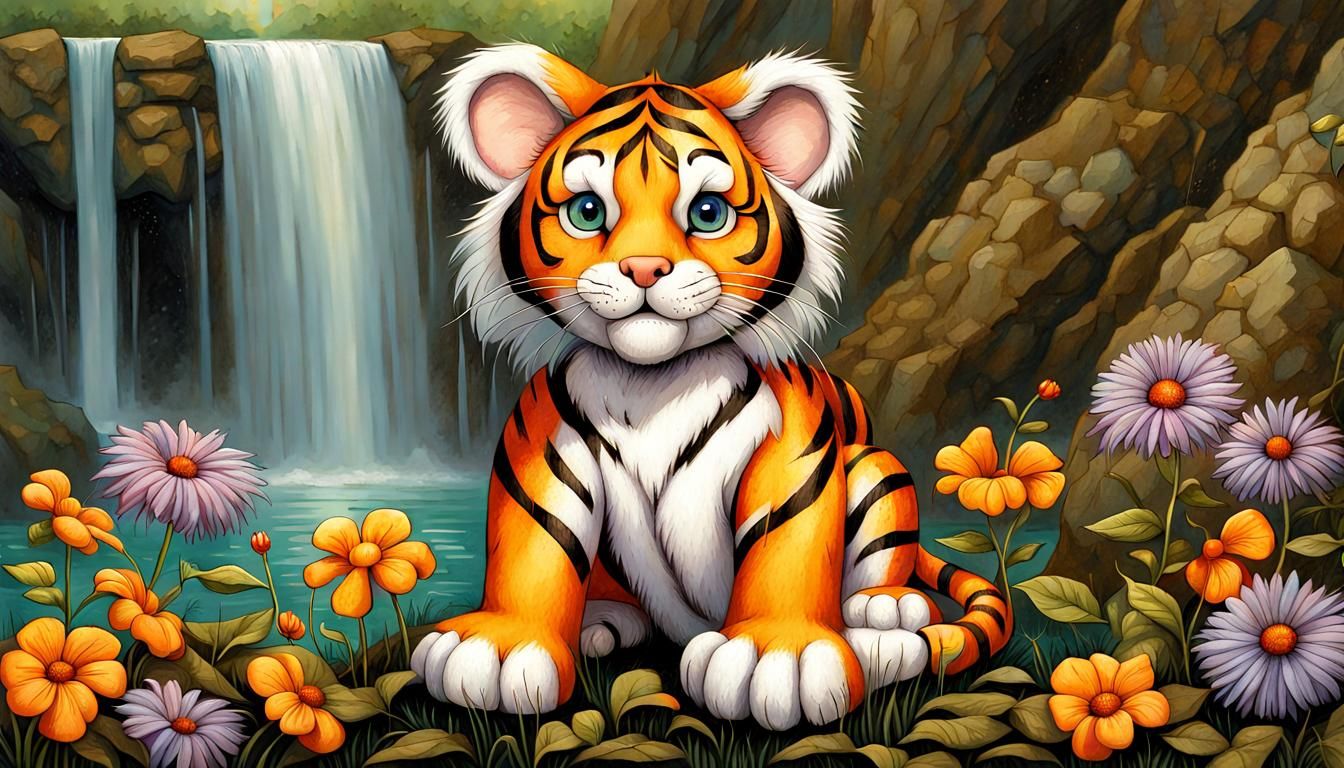 Chibi Tiger Cub by Waterfalls in Fantasy Art Style