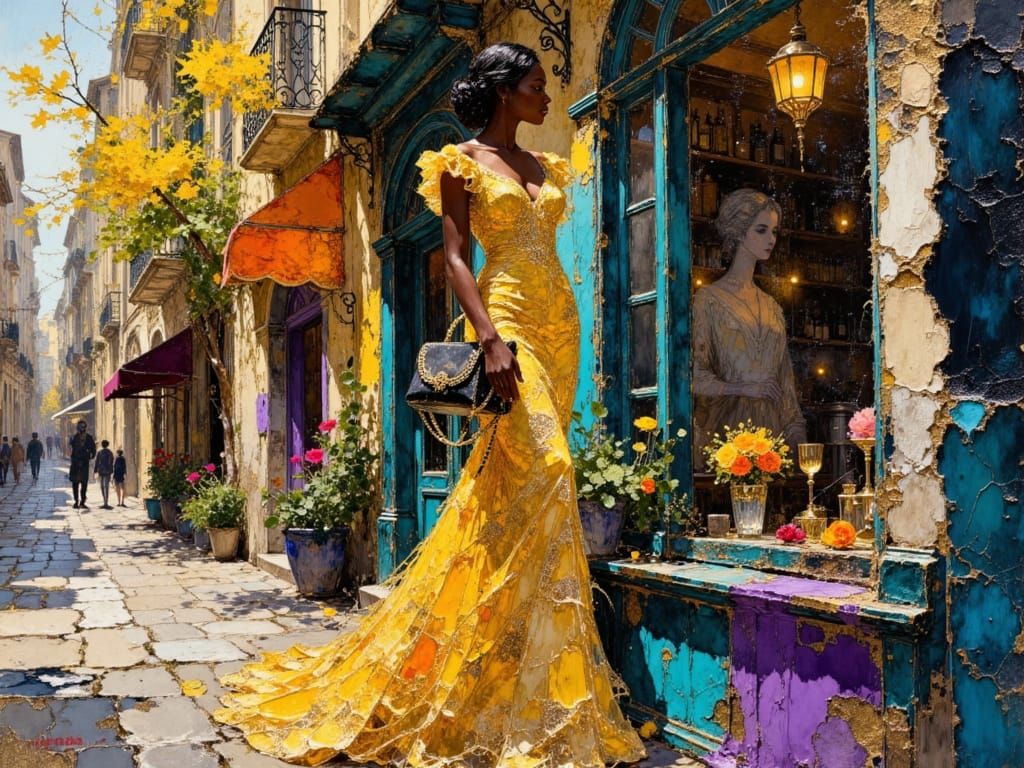 Victorian Woman Window Shopping in Golden Sunlight