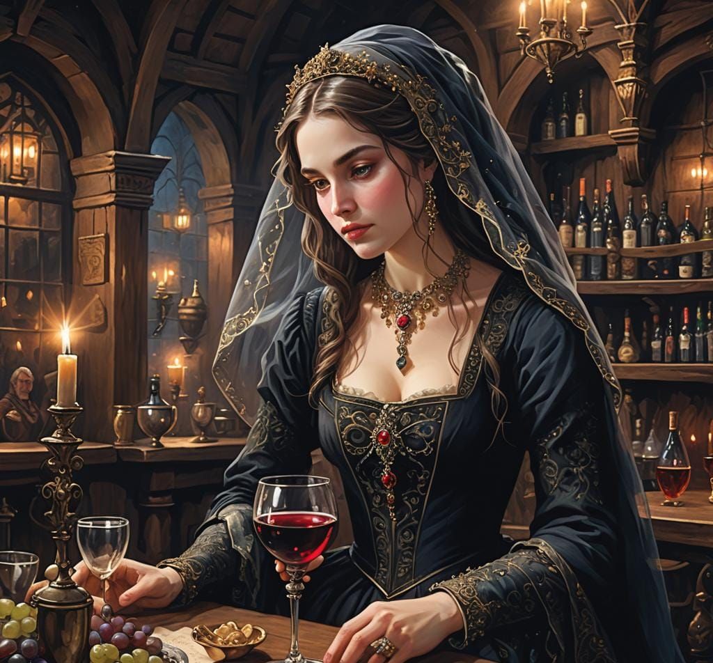 Mysterious Lady in Medieval Tavern at Night