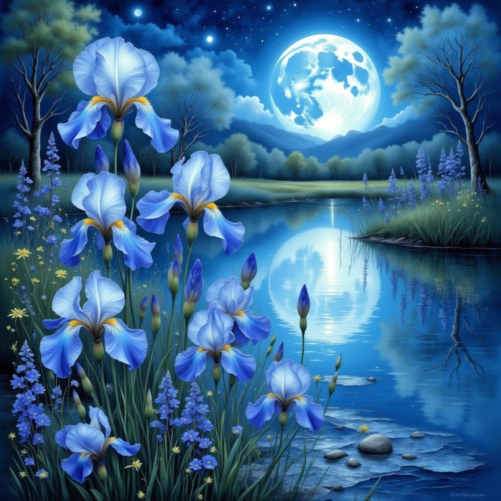 Blue Irises by River Under Moonlight