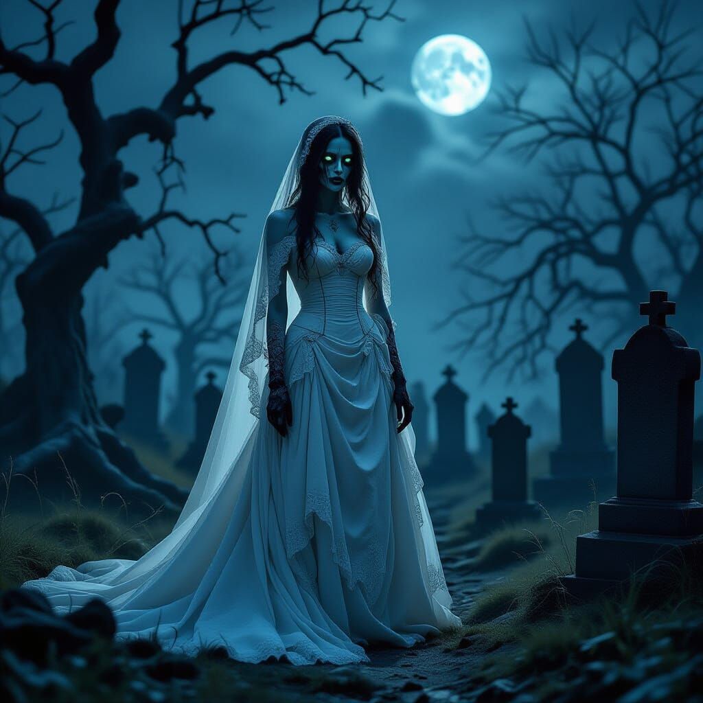 Haunting Zombie Bride in Gothic Cemetery