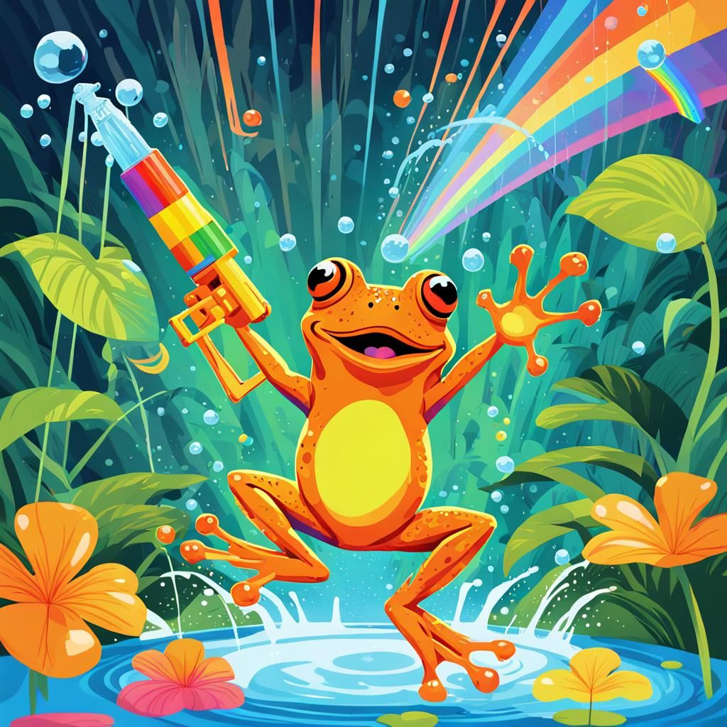 Orange Frog's Rainbow Water Gun: A Pop Art Splash