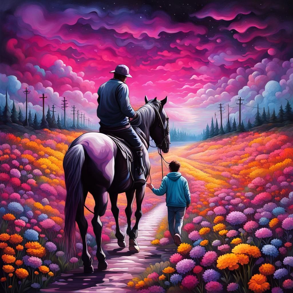 Graffiti Art: Man and Horse in a Colorful Flower Field