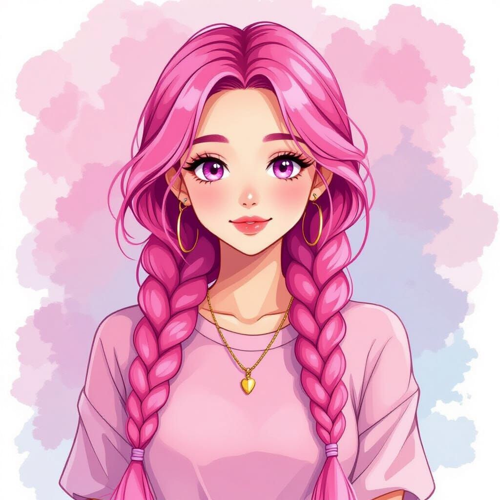 Anime Watercolor Woman with Pink Braids and Outfits