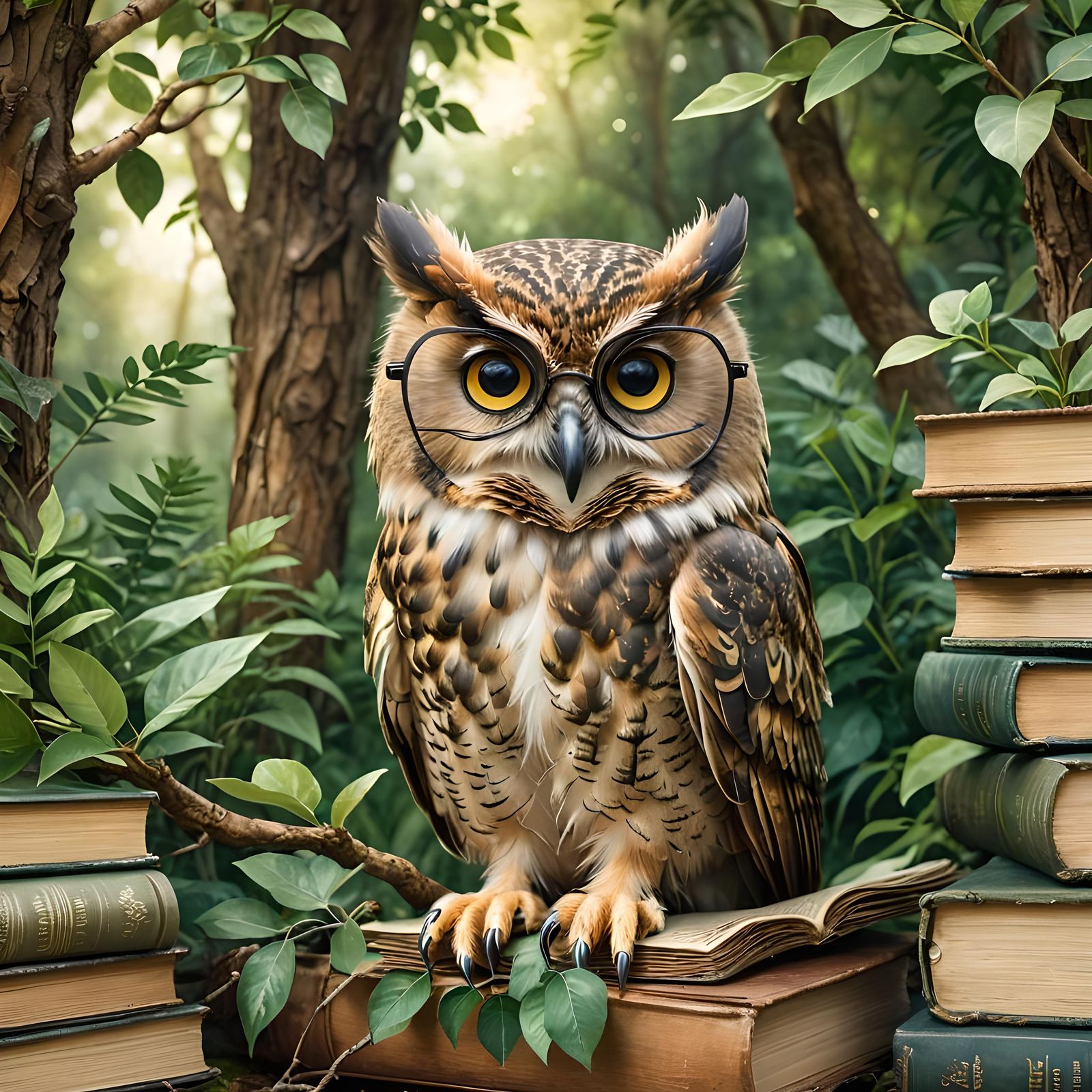 Wise Owl Reading in Nature Scene