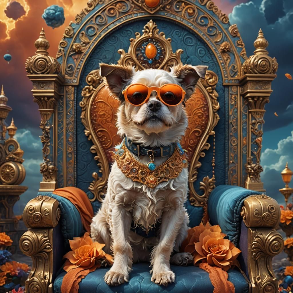 Dog King on Ornate Throne, Whimsical Digital Painting