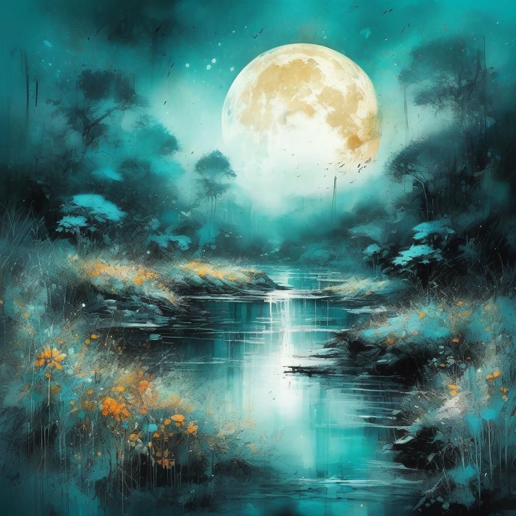 Lush Moonlit Landscape in Watercolor Splatter Art