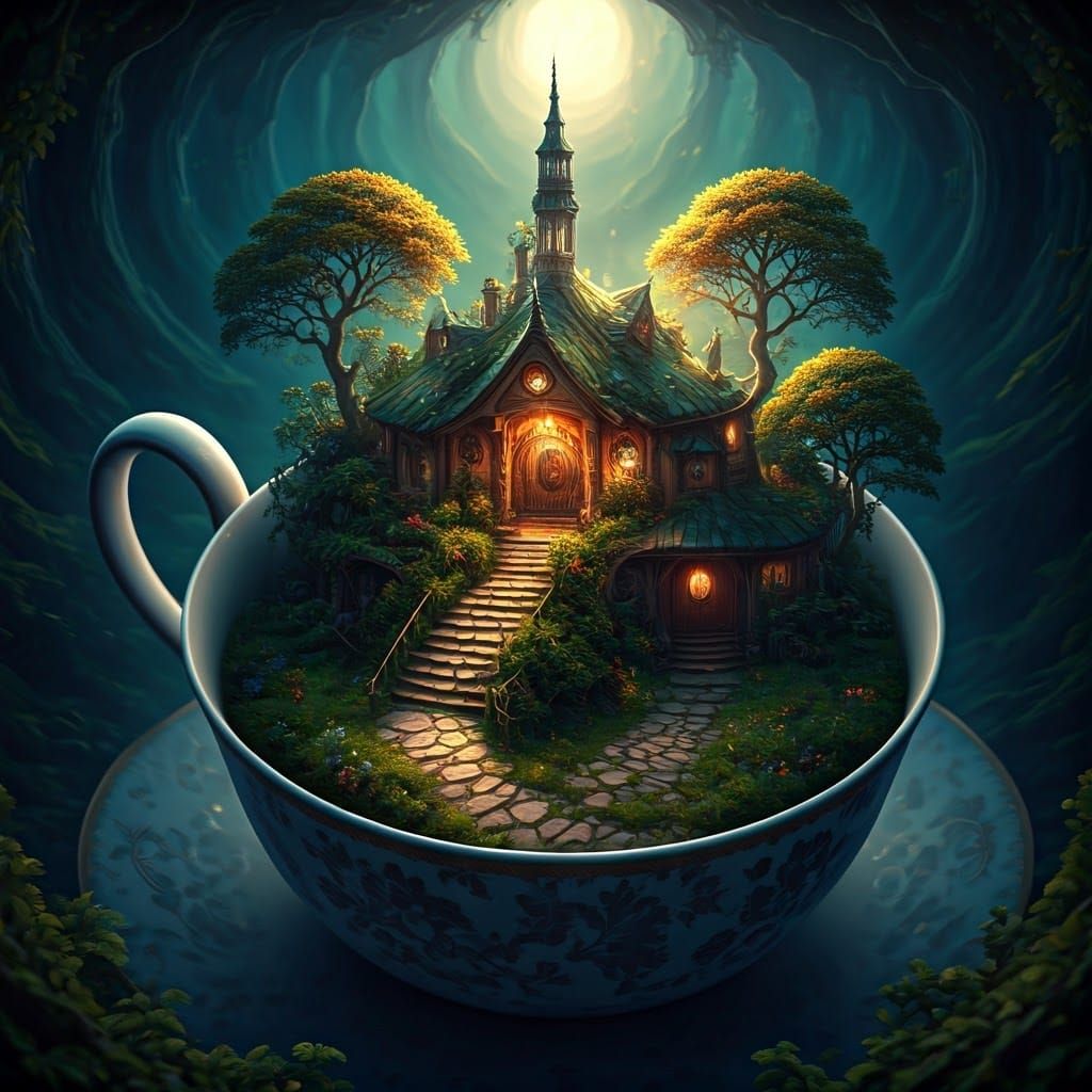 Hobbit Village Inside Teacup in Dreamlike Style
