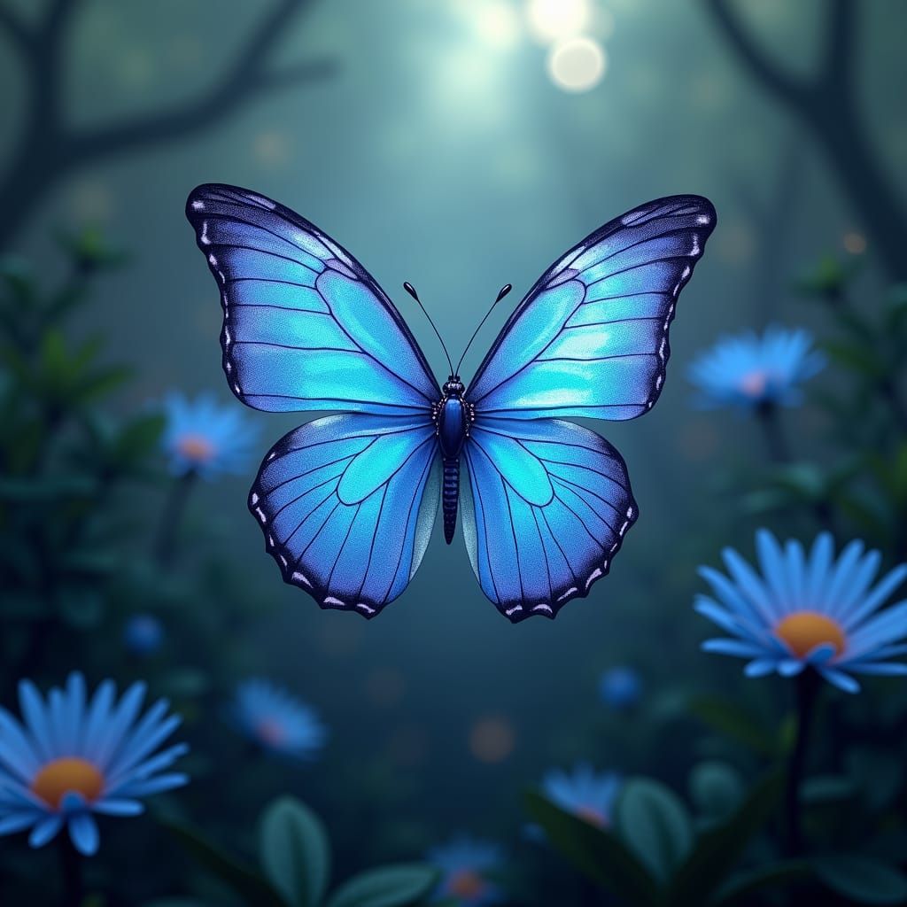 Glowing Blue Butterfly in Pointillism Style