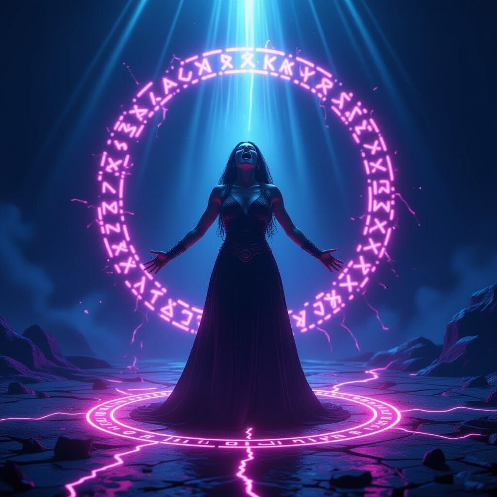 Female Figure Tested by Light in Neon Rune Circle
