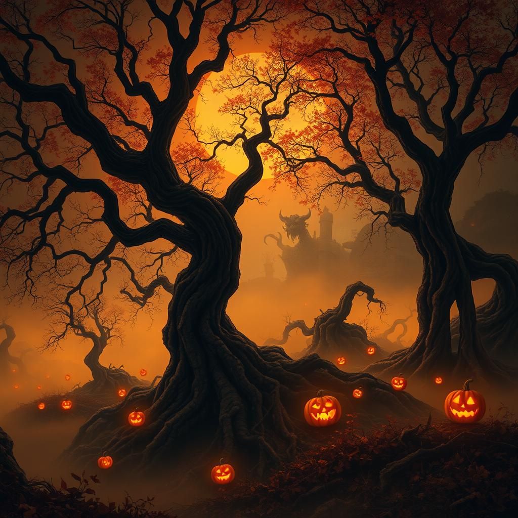 Eerie Autumnal Landscape with Lurking Monster