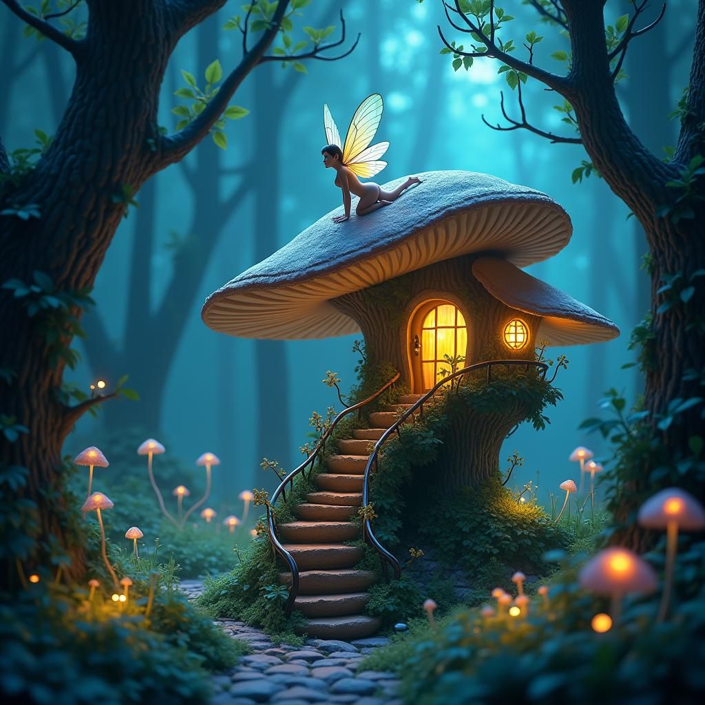 Enchanted Fairy Mushroom House in Bioluminescent Forest