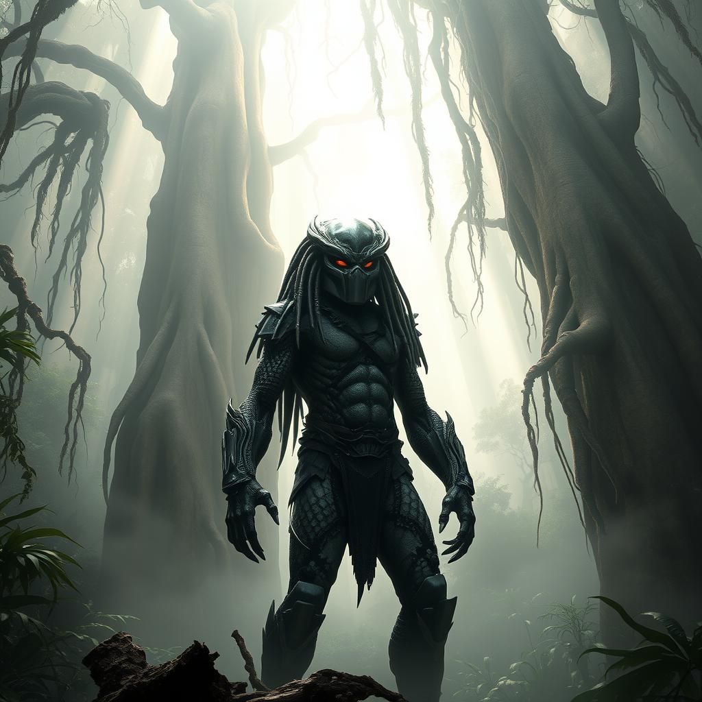 Predator Camouflaged in Misty Jungle Environment