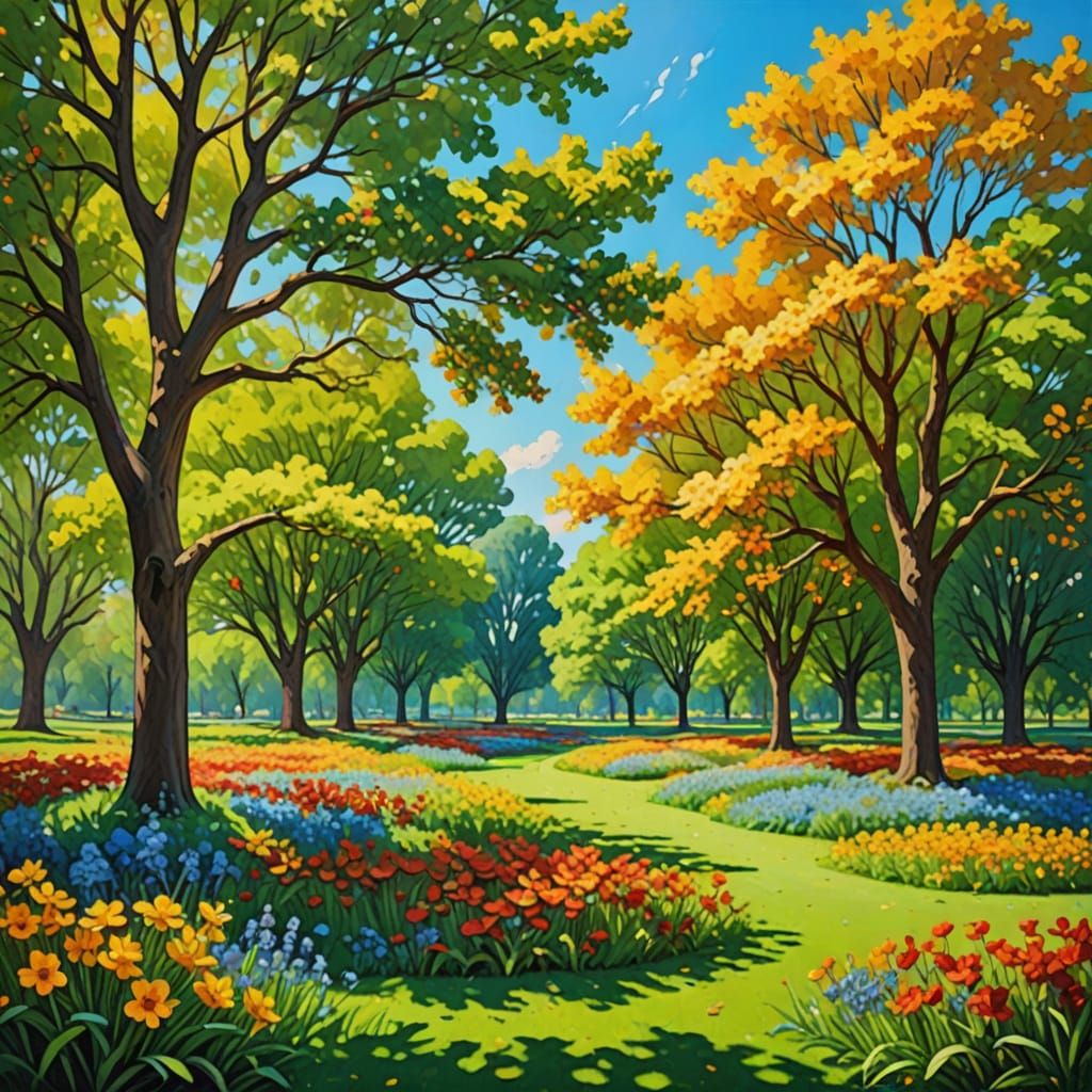 Vibrant Park Landscape Painting in Impressionist Style