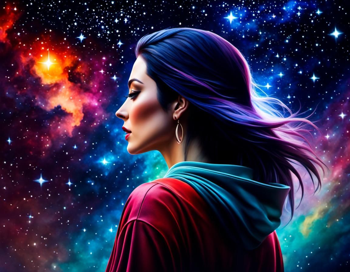 Girl Walks Among Stars in Watercolor Style