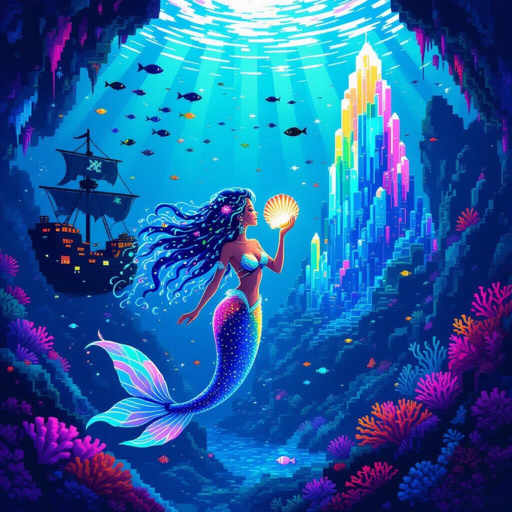 Pixel Art Siren in Digital Coral Reef