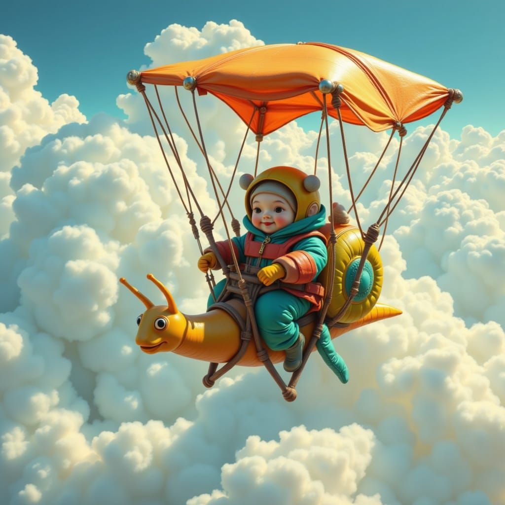 Snail Skydiving Adventure in a Whimsical Style