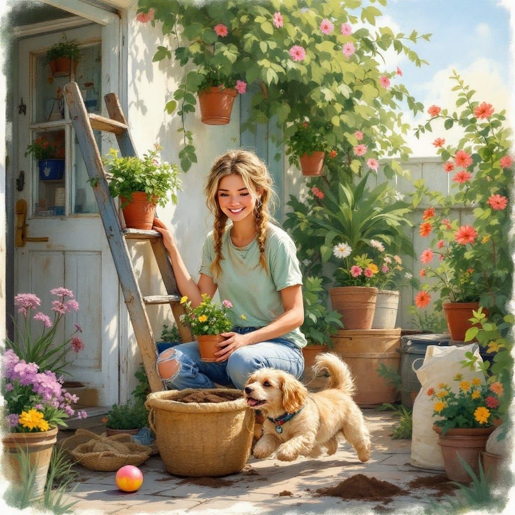 Woman Arranging Flowers in Naive Art Style