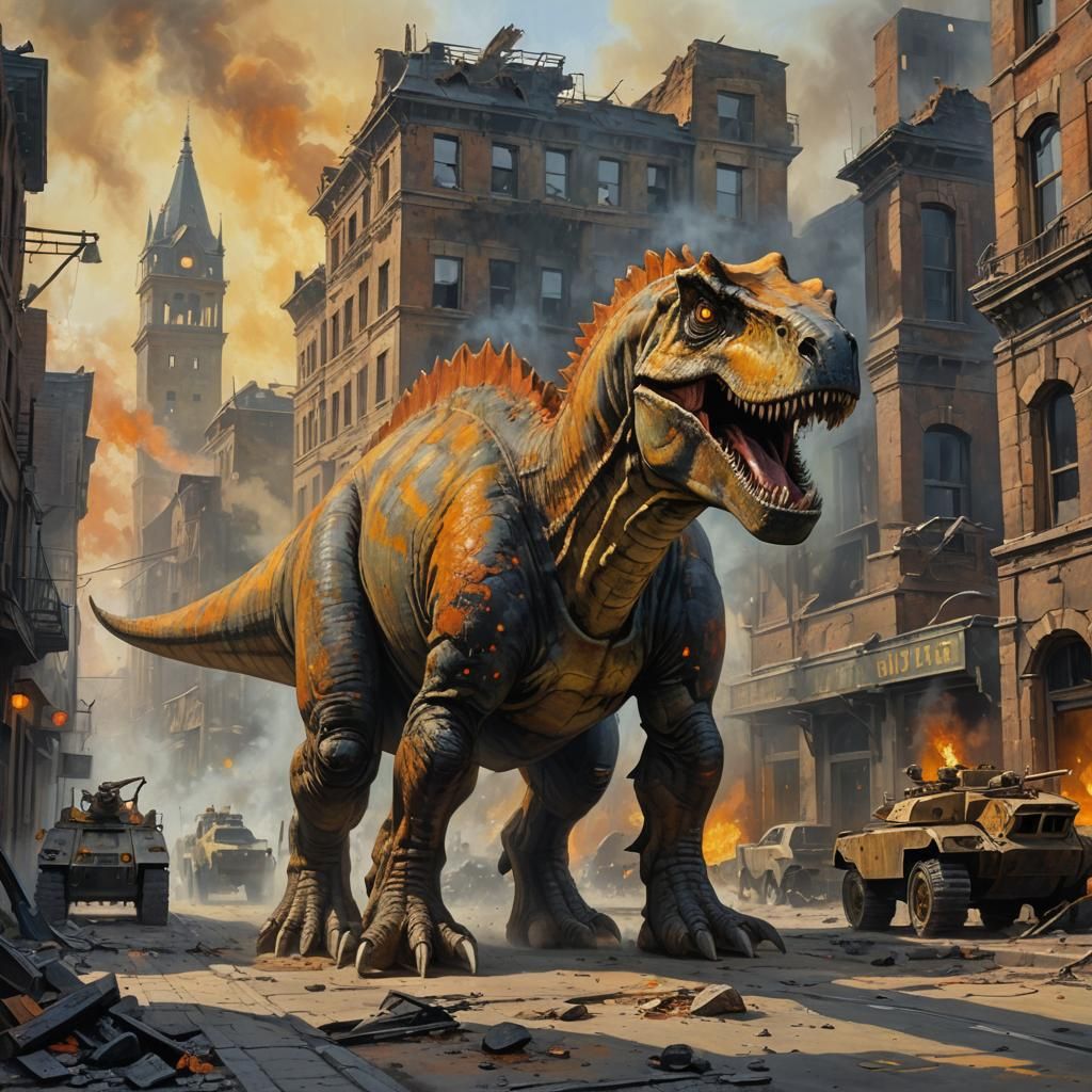 Dinosaur in War-Torn City, Dramatic Oil Painting