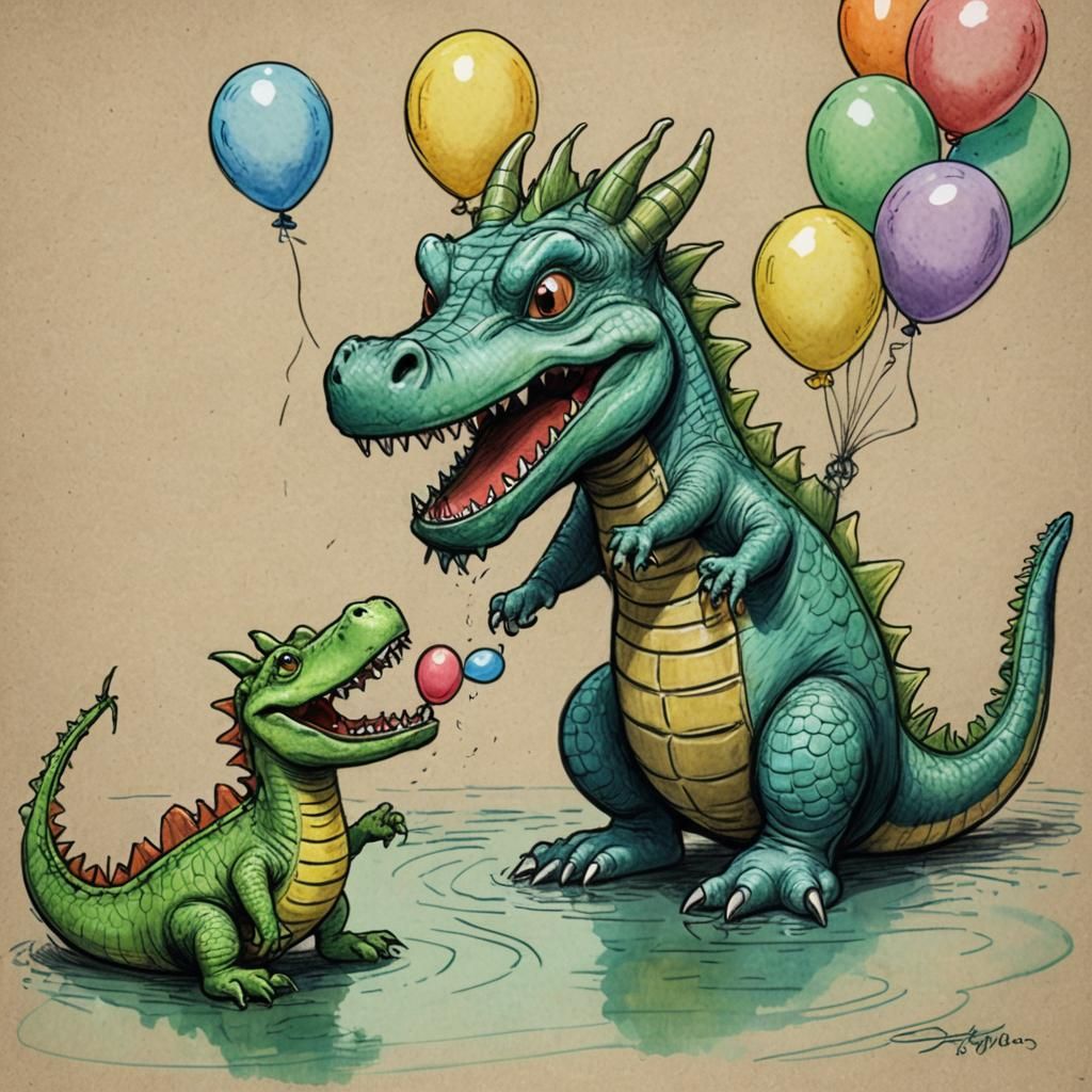 Funny Dragon Gives Balloon: Colored Pastel Sketch