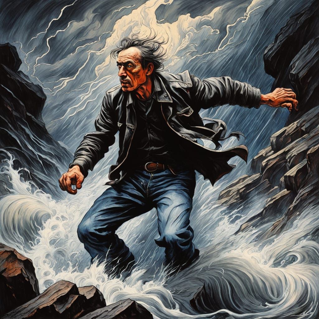 Man in Turbulent River Clings to Ancient Rock During Lightni...