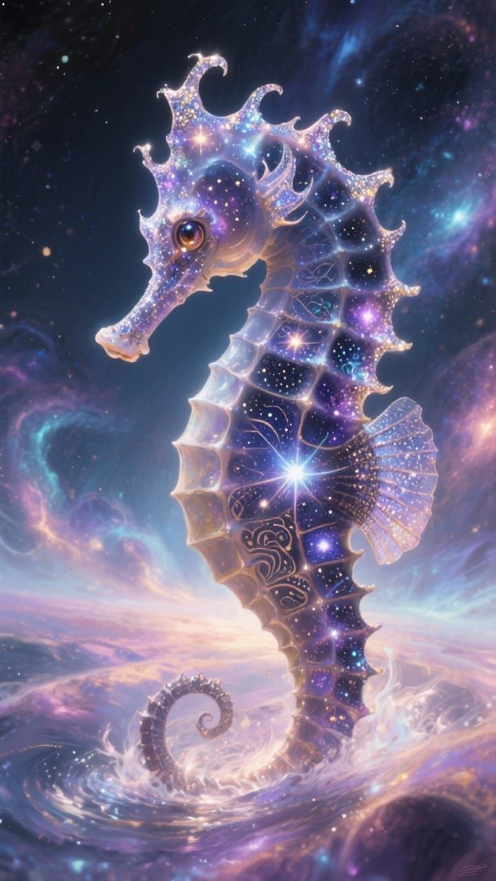 Celestial Seahorse Wanders Through Dreamlike Nebula