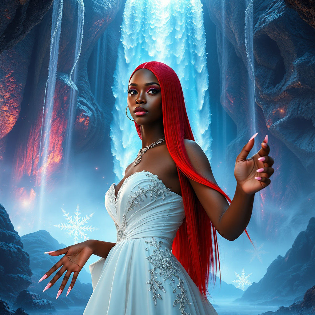 Ethereal Woman Before Crystalline Waterfall, Fantasy Art