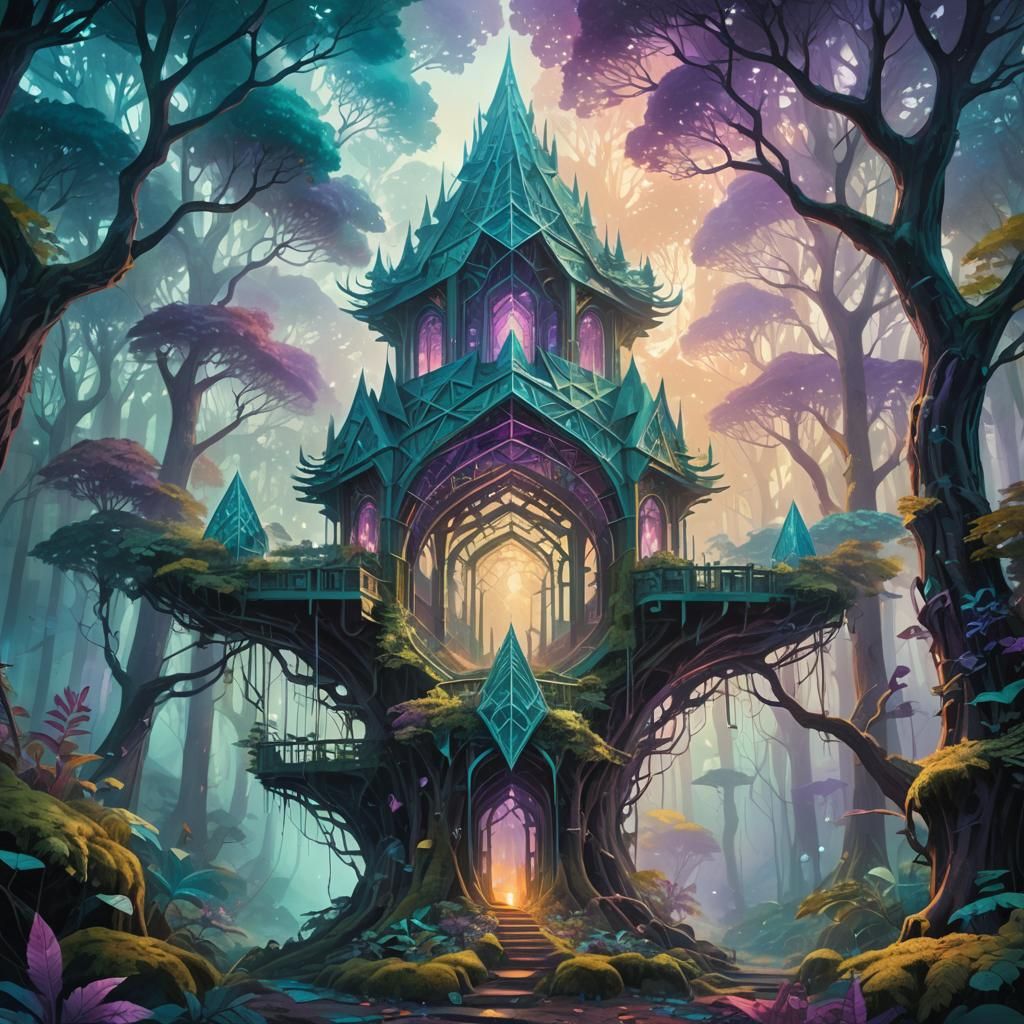 Mystical Forest: Geometric Fantasy Art in Oil Painting Style