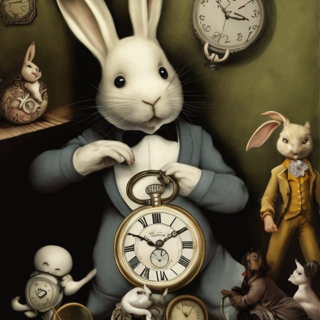 Anxious White Rabbit with Pocketwatch in Surreal Style