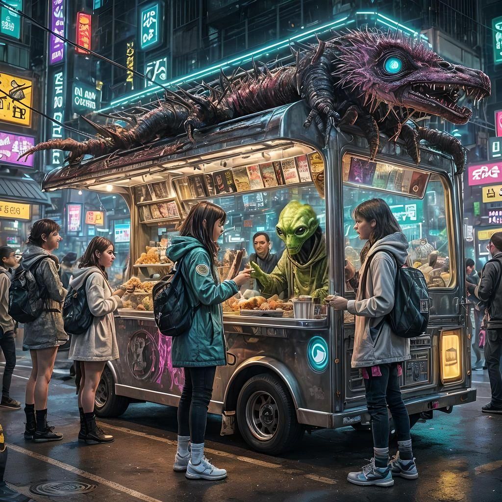 Cyberpunk Alien Food Truck in Cityscape