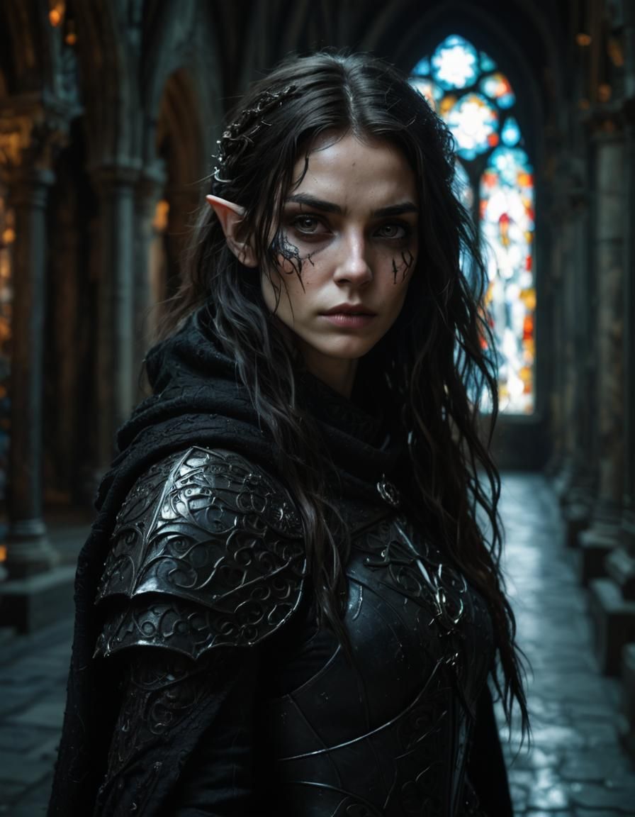 Elven-Orc Knight in Gothic Cathedral: Dark Fantasy Portrait