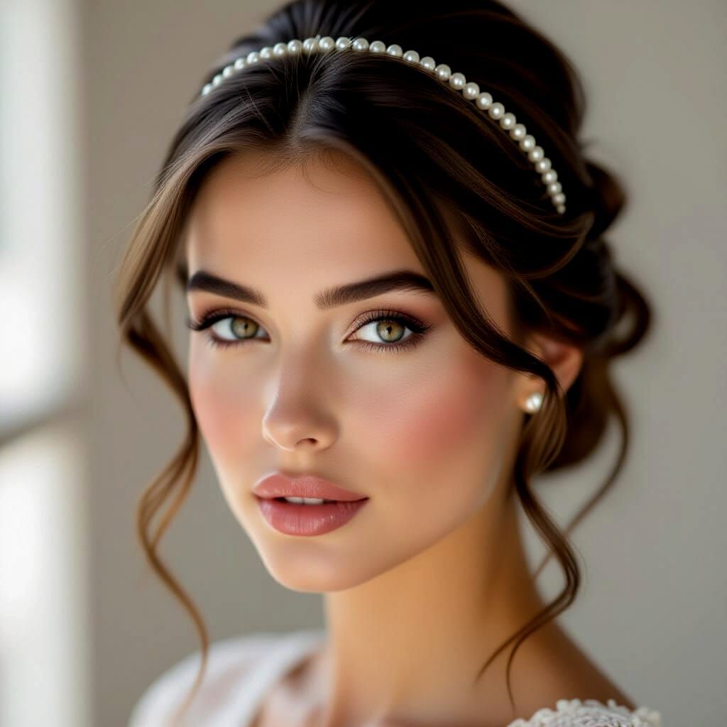 A woman with dark brown hair pulled into an intricate updo, ...