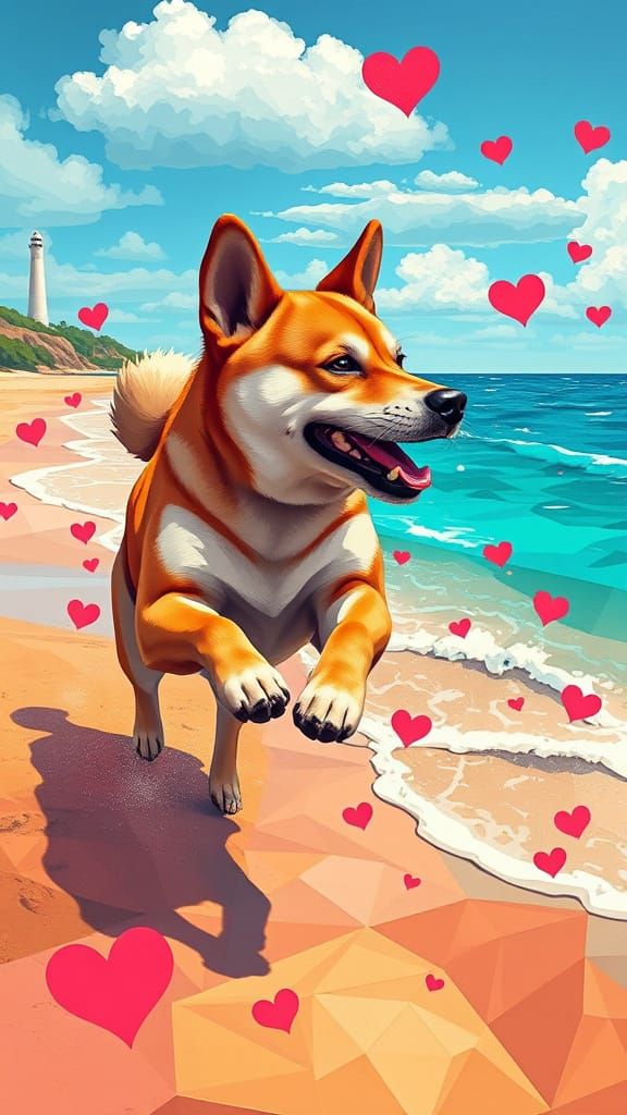 Shiba Inu Joyfully Chases Valentine's Day Waves