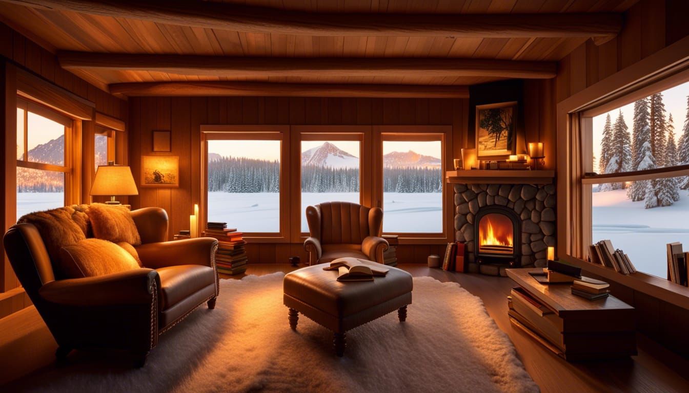 Winter Cabin Interior with Fireplace at Golden Hour