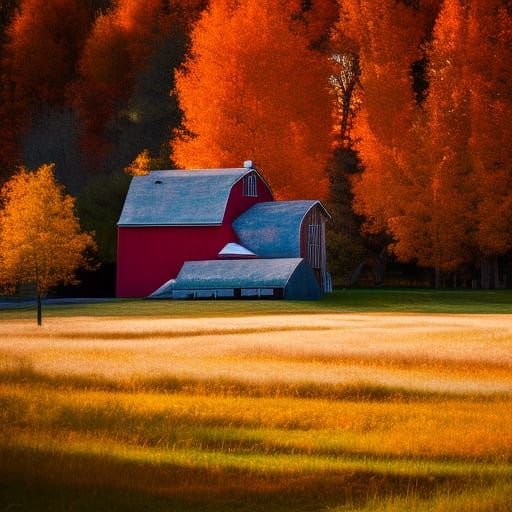 Autumn Landscape with Red Barn in Photography Style