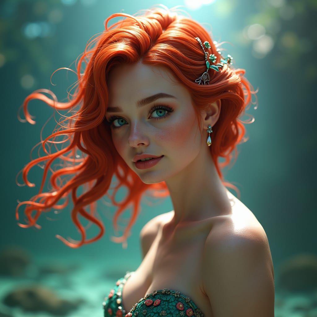 Alluring Redhead Mermaid Portrait in Art Nouveau Style