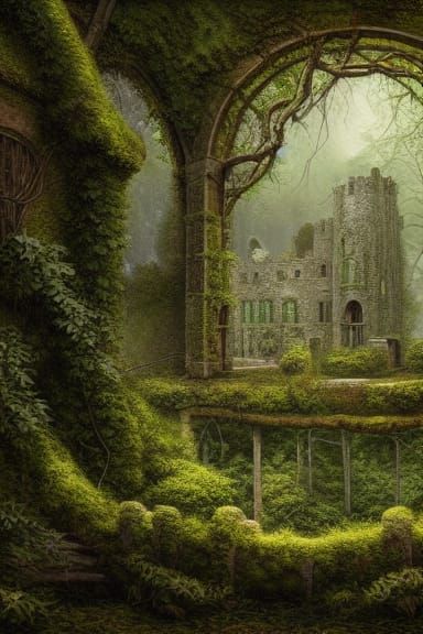 Ethereal Castle Ruins in Overgrown Forest