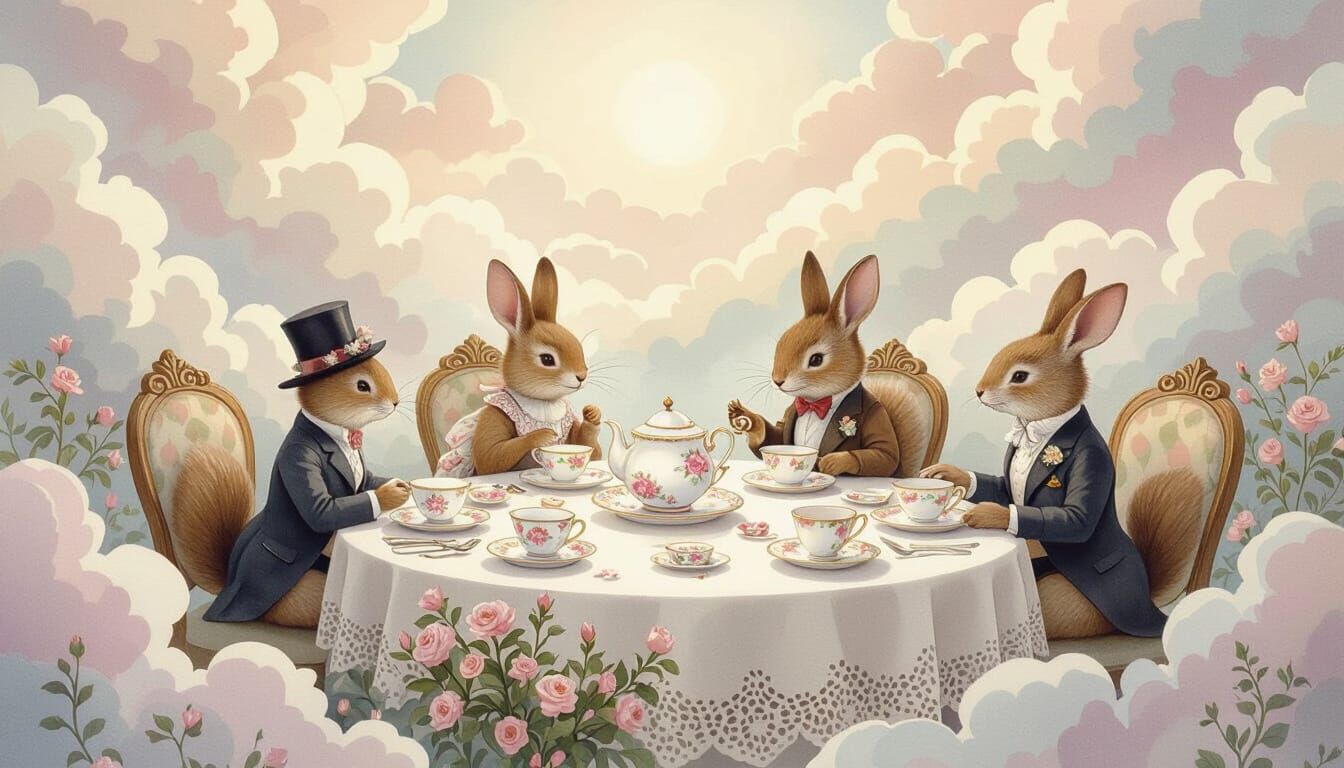 Whimsical Tea Party on Floating Island with Woodland Creatur...