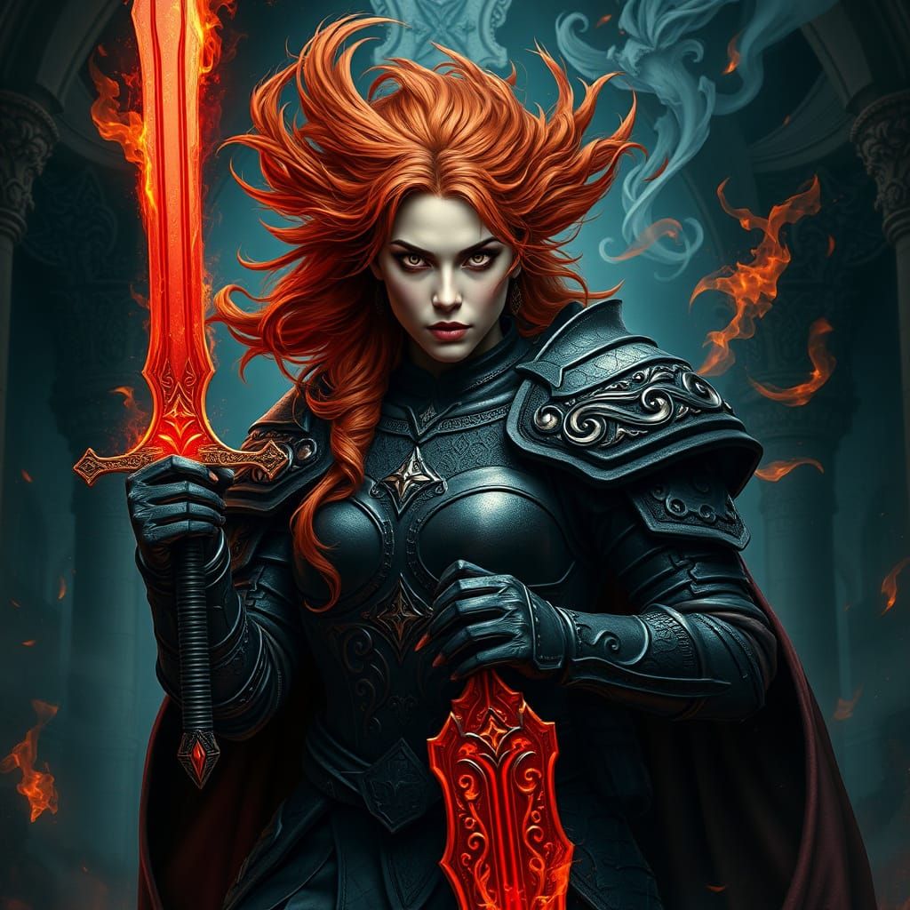 Ethereal Female Warrior in Gothic Fantasy Realm