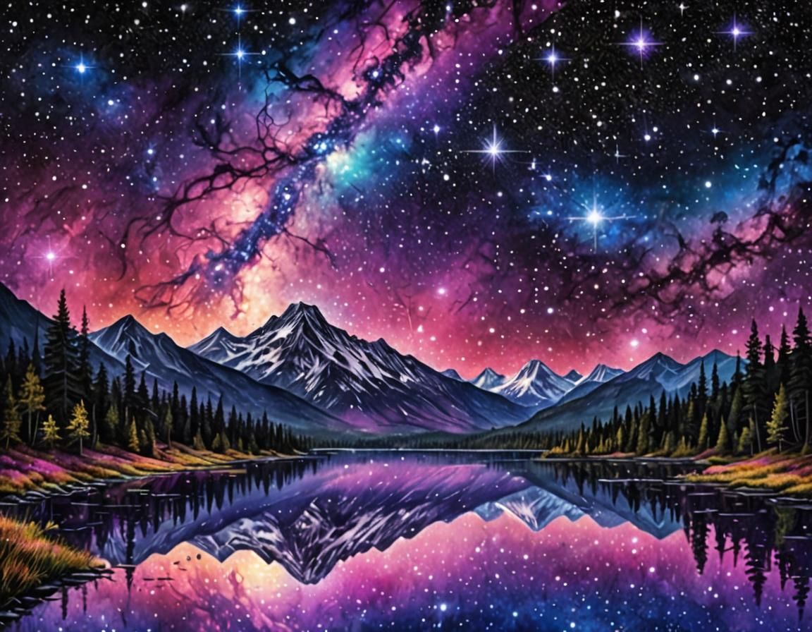 Galactic Mountain Lake with Glowing Stars